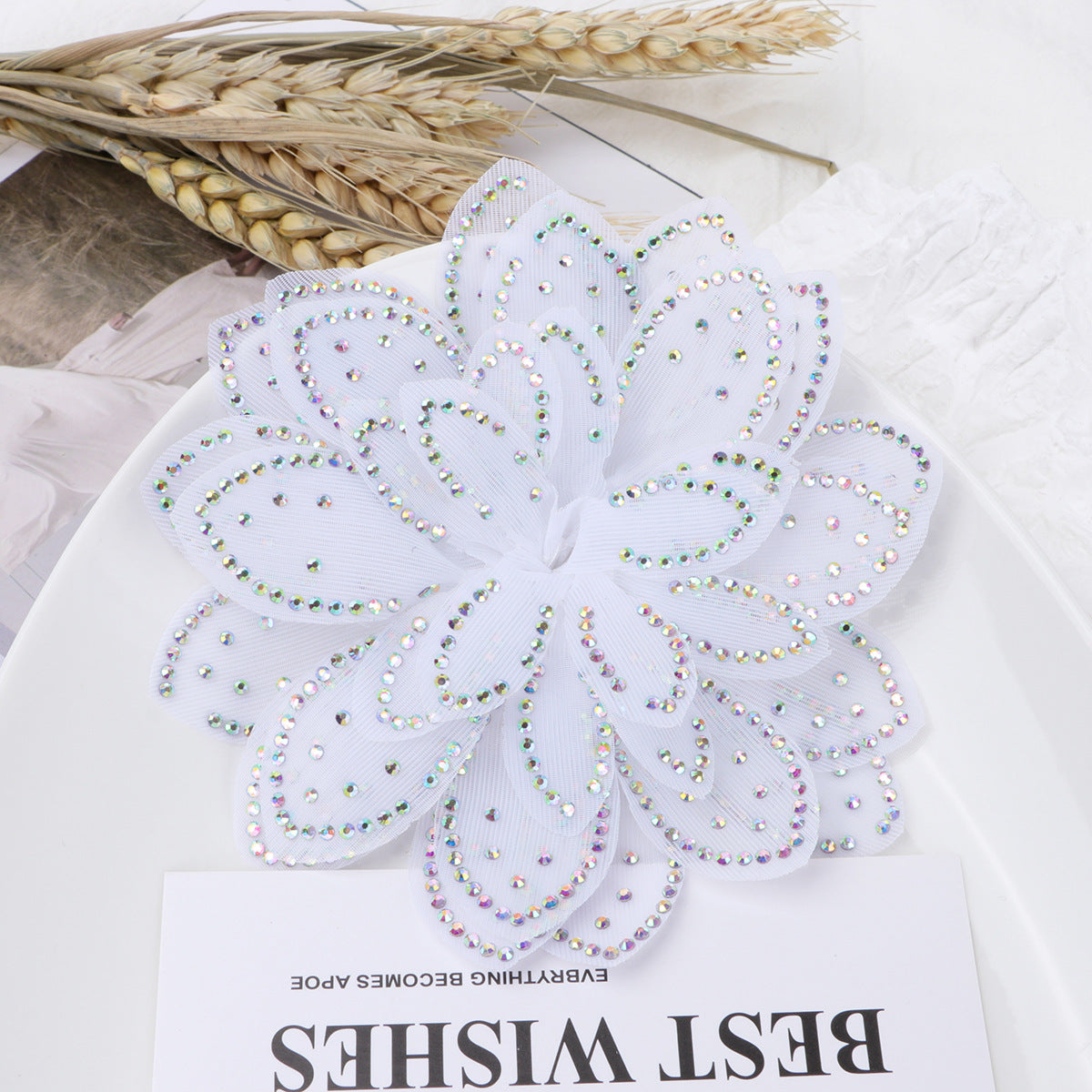 Sparkly Rhinestone Camellia Fabric Flower Applique - Product Detail Photo 1