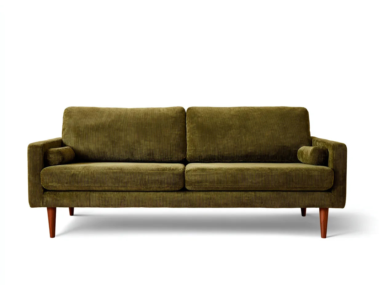 Sofá de Tres Plazas en pana - verde oliva - 220x88x82 cm - para salón - patas de madera estilo retro