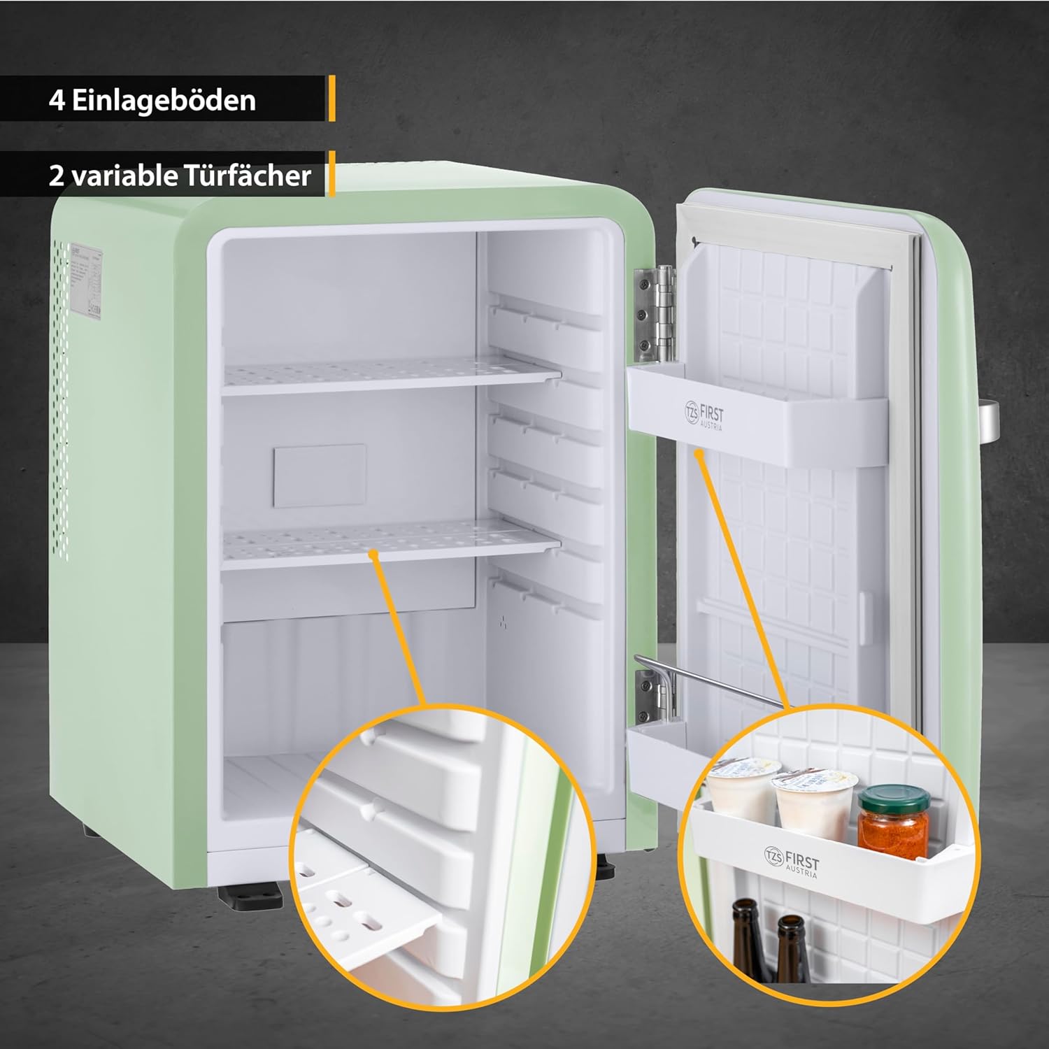 TZS First Austria lautloser Minikühlschrank | Retro Design | Einstellbare Kühlleistung | Türgriff |Thermoelektrisches Kühlsystem | 40L | creme