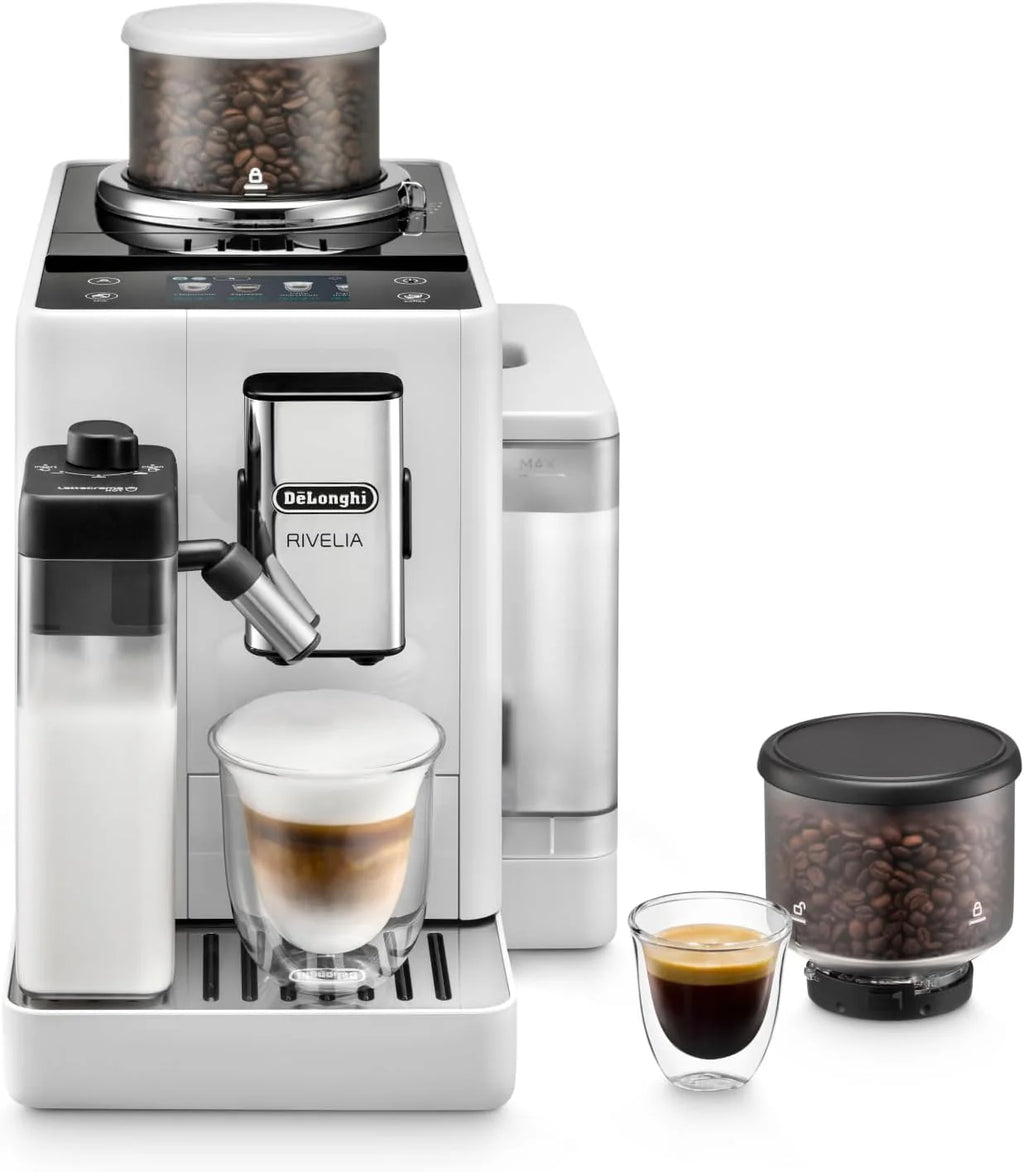 De'Longhi Rivelia EXAM440.55.G, Cafetera Superautomática con LatteCrema Hot, Espumador de Leche Automático, Tamaño Compacto, 16 Recetas, Pantalla Táctil a Color, Gris
