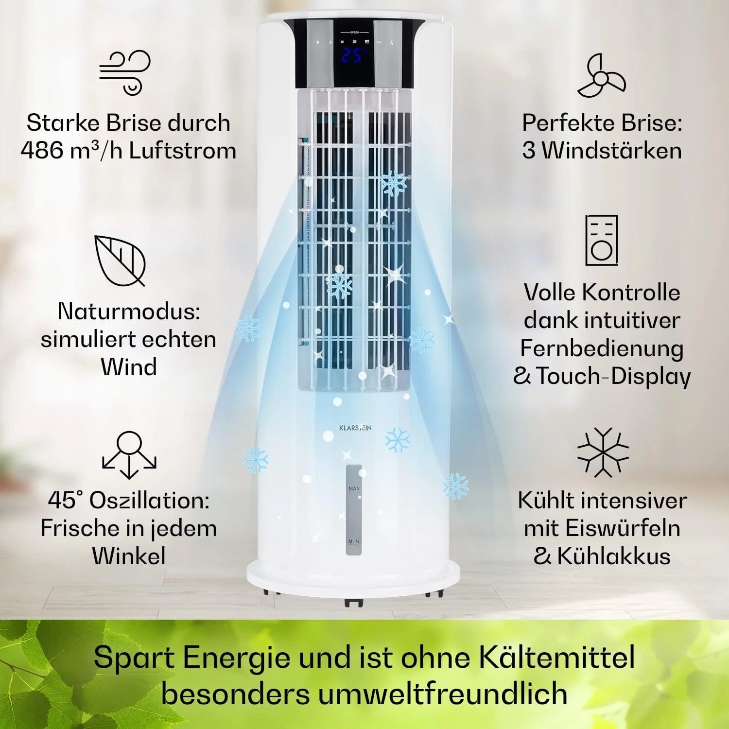 Klarstein Luftkühler mit Wasserkühlung, 4-in-1 Raumkühler, Luftbefeuchter, Ventilator & Nachtmodus, Mobile Klimageräte Luftkühler mit 3,5L Tank & Timer, 60W Air Cooler mit 486 m³/h Luftstrom