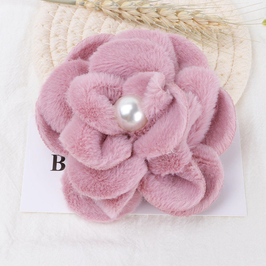 Plush Velvet Camellia Fabric Flower with Pearl - White 10CM