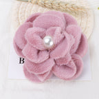 Plush Velvet Camellia Fabric Flower with Pearl - White 10CM