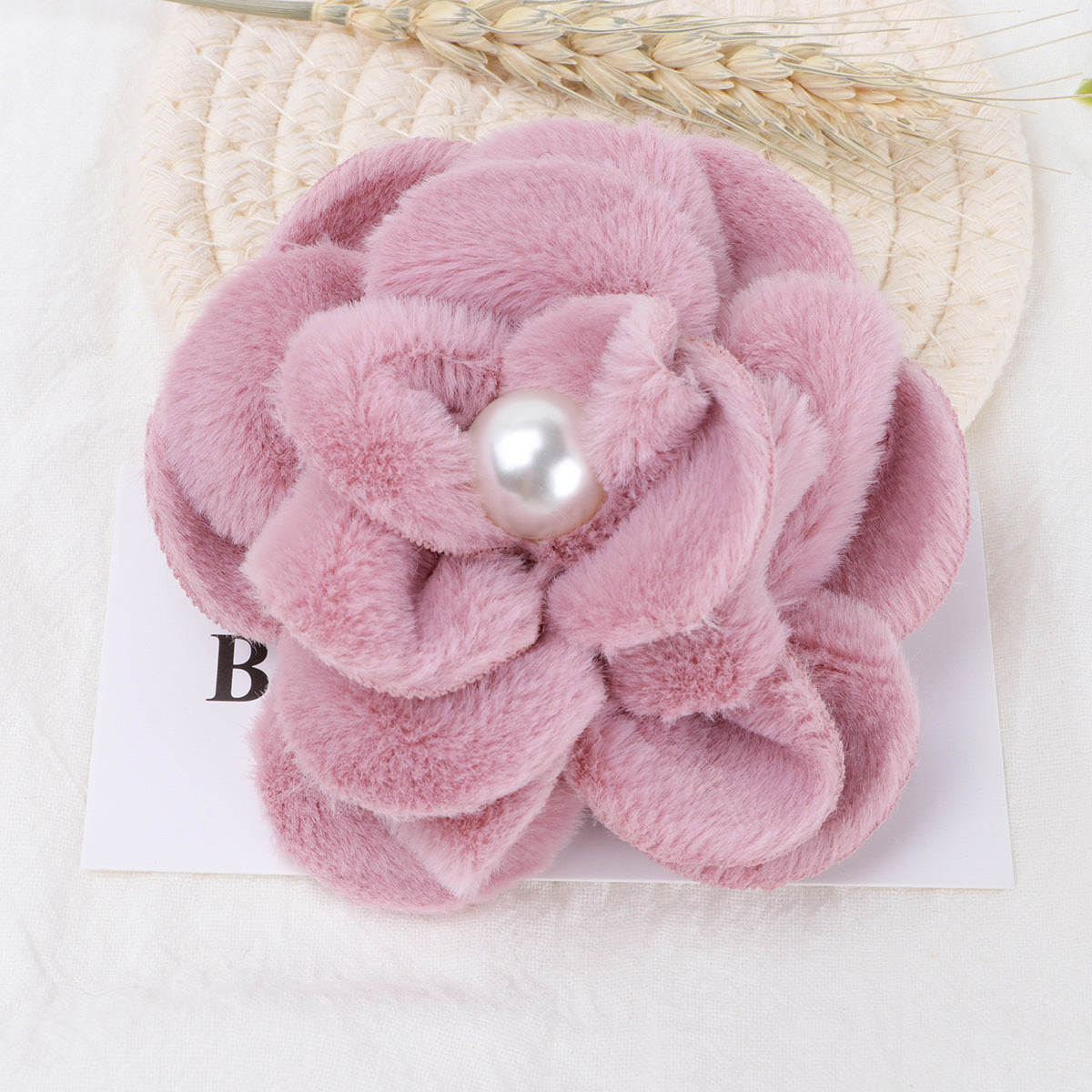 Plush Velvet Camellia Fabric Flower with Pearl - White 10CM