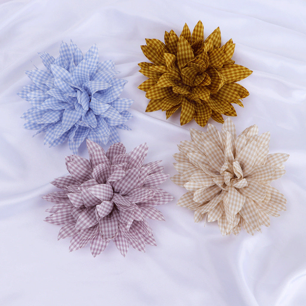 Gingham Print Dahlia Fabric Flower Applique - Sky blue 13cm