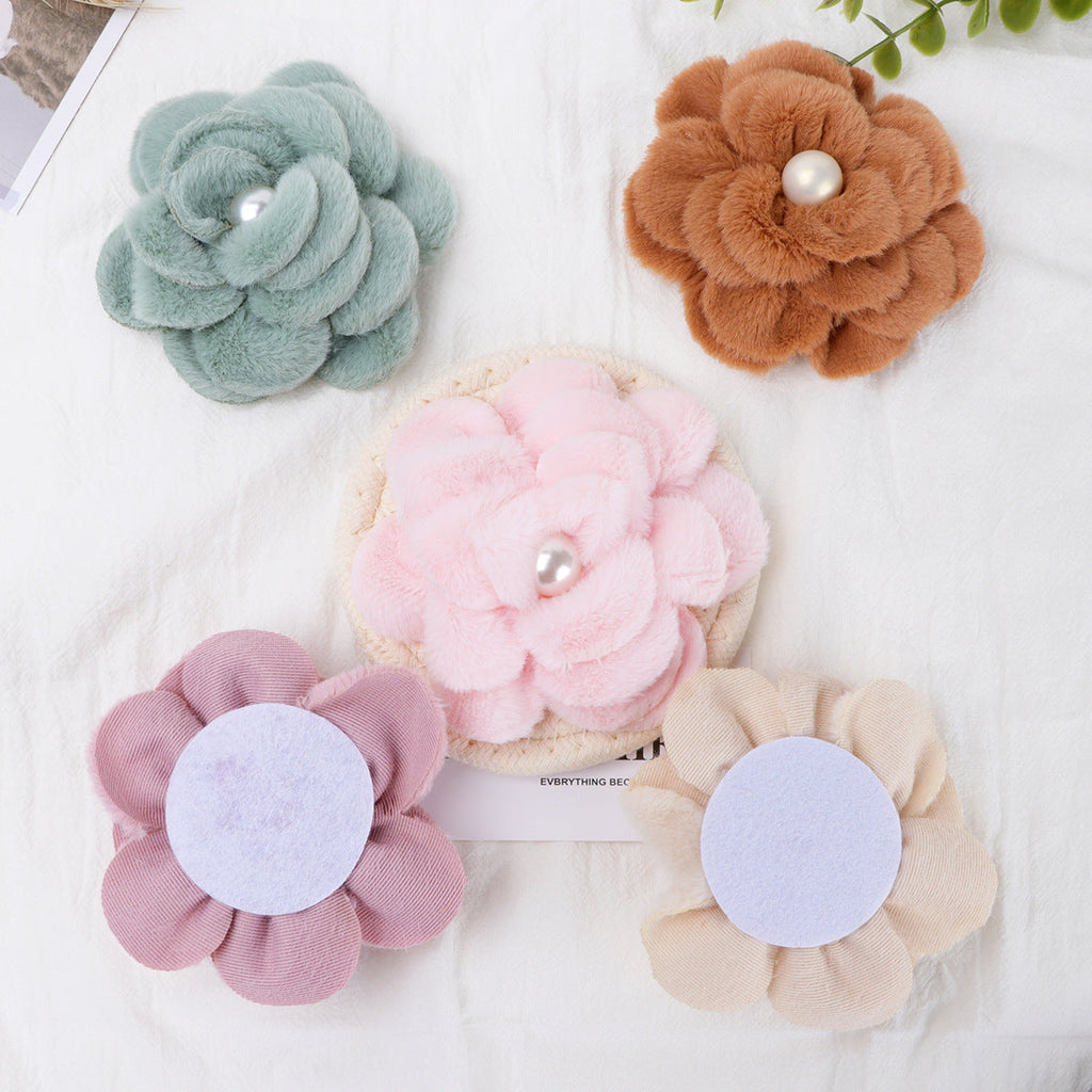 Plush Velvet Camellia Fabric Flower with Pearl - Brown 10CM