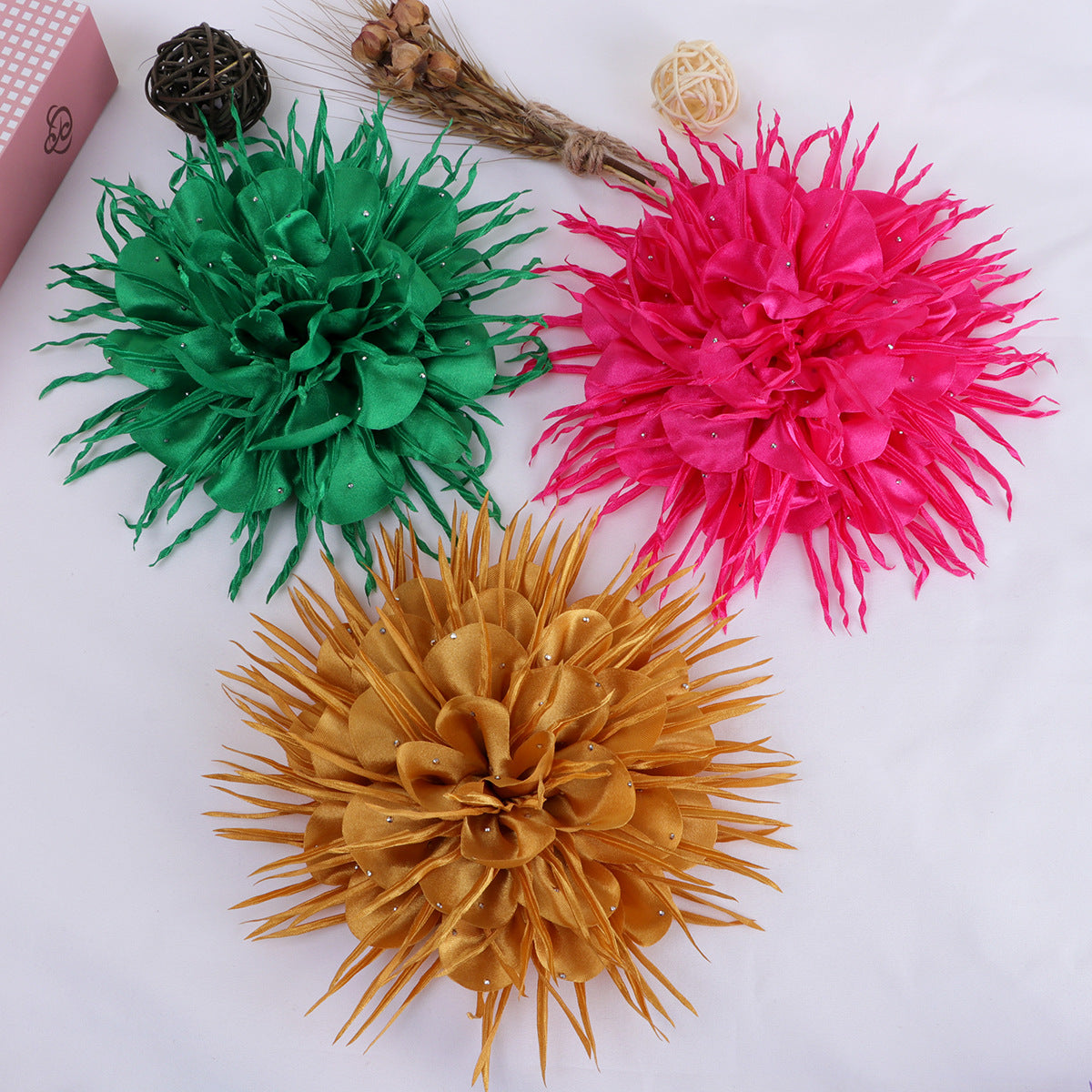 Spike Petal Pom Fabric Flower with Beads - Green 18CM