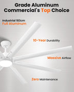 183cm Extra Grande 8 Aspas de Aluminio Ventilador de Techo con Luz y Mando, Silencioso Lampara Ventilador Techo con Reversible Motor DC para Exterior Terraza, Habitación Grande