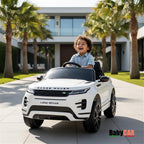 BabyCar Range Rover | Coche electrico para niños 12V con 2 Motores 35W | Coche Bateria con Mando Niño, Asiento de Piel, Puertas abatibles, MP4/USB | Licencia Oficial | Blanco