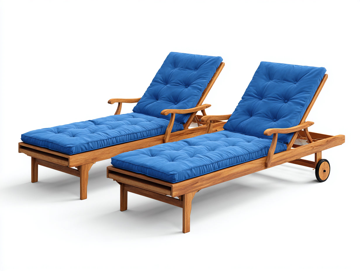 Tumbonas de jardín madera maciza con cojín 200x70x85 cm - marrón-azul - respaldo ajustable con ruedas
