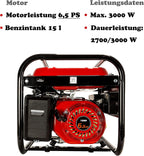 Generador de corriente con gasolina | Accesorios incluidos | Grupo electrógeno silencioso | 5 enchufes 3 x 230 V / 1 x 400 V / 1 x 12 V | 6,5 CV