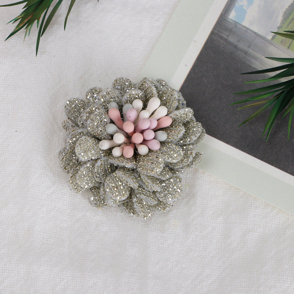 Sparkle Dahlia Fabric Flower with Bead Center - Khaki 3cm
