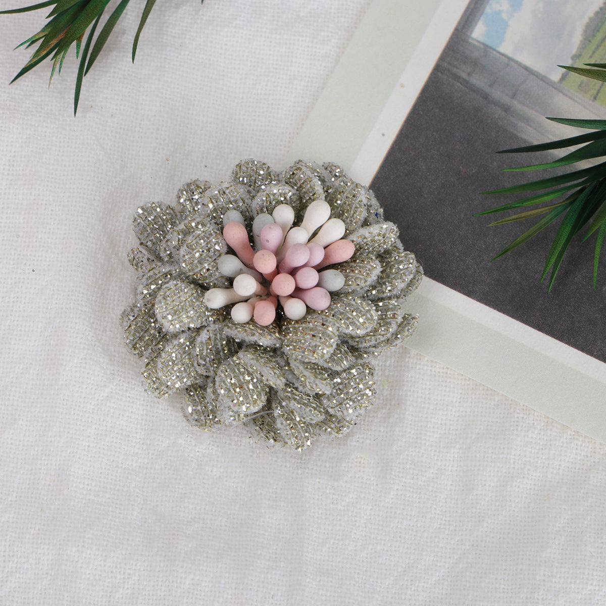 Sparkle Dahlia Fabric Flower with Bead Center - Khaki 3cm