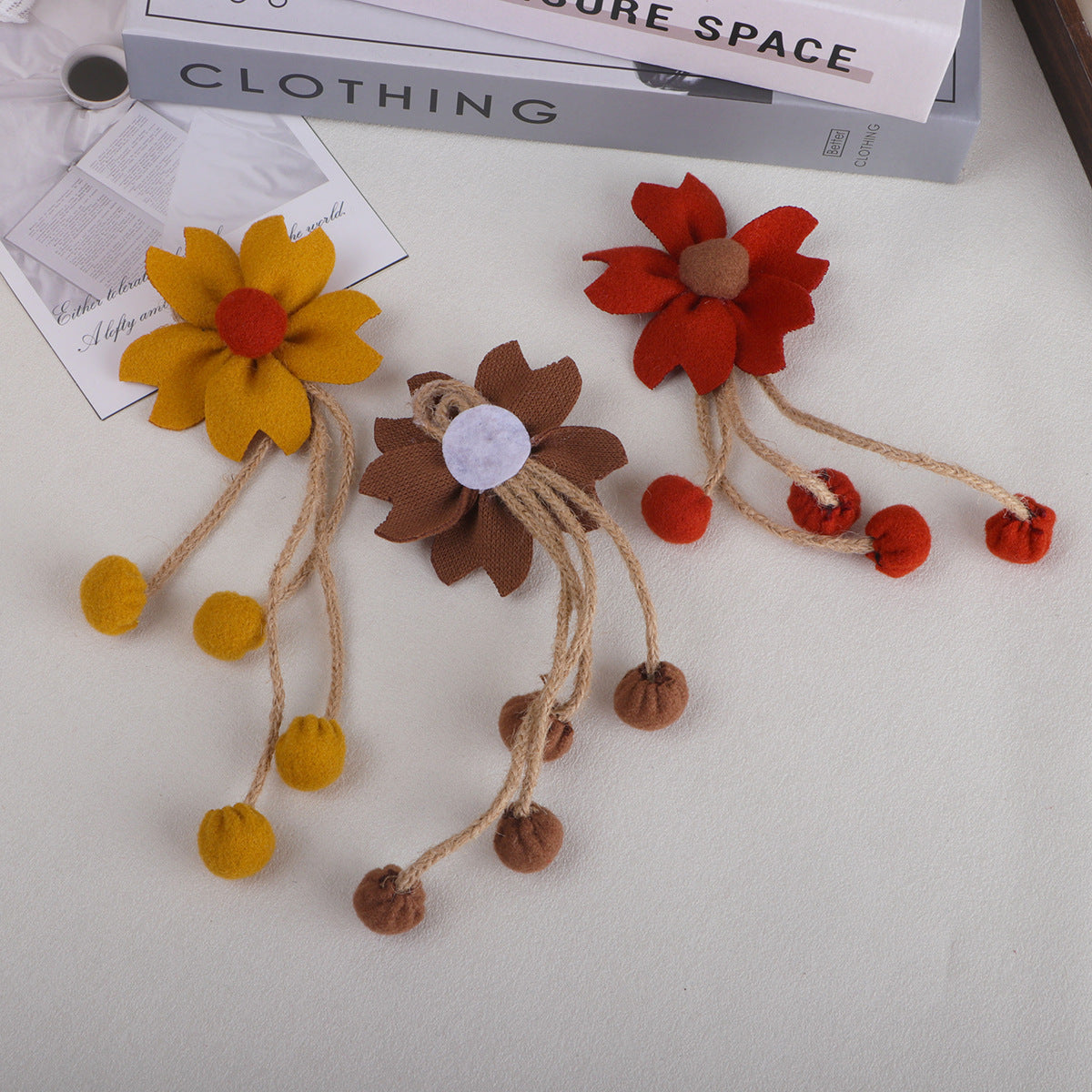 Tassel Daisy Fabric Flower with Pom Charms - Yellow