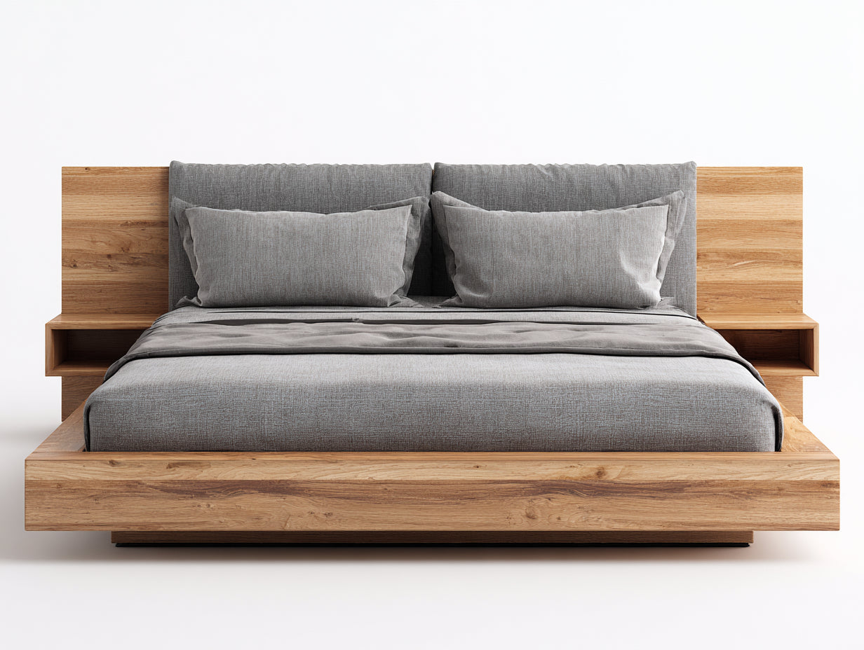 Camas dobles madera con cabecero integrado 210x170x95 cm - color gris y madera - diseño moderno con estantes para dormitorio