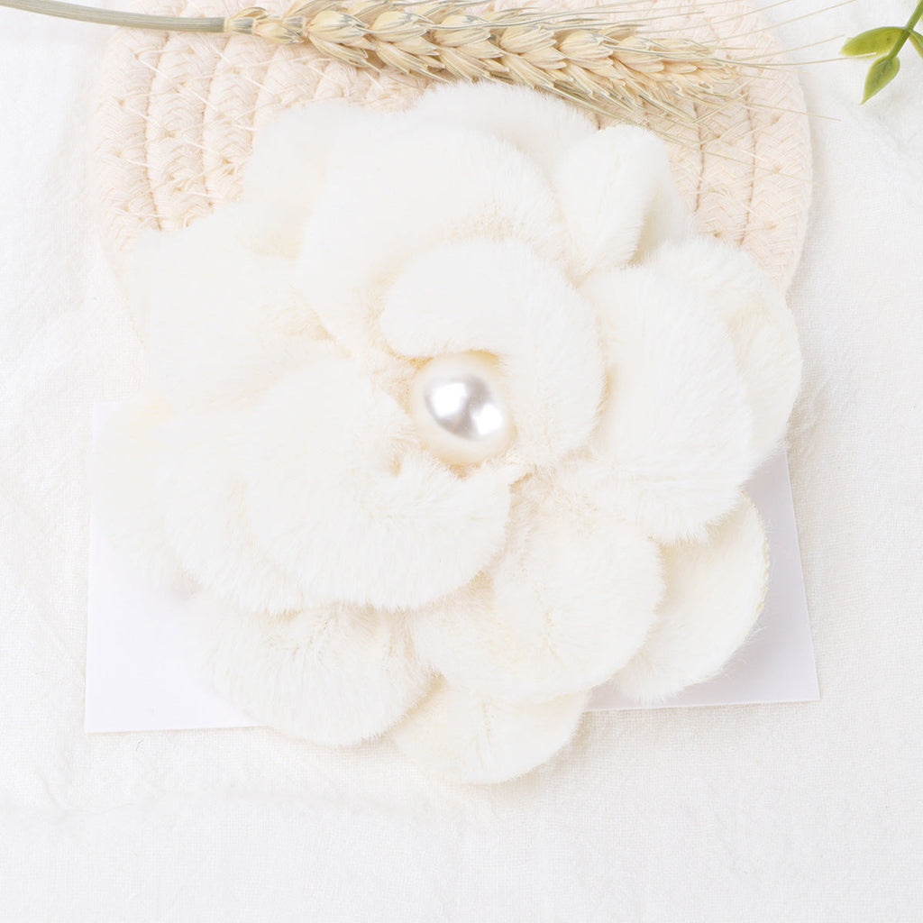 Plush Velvet Camellia Fabric Flower with Pearl - Product Detail Photo 2