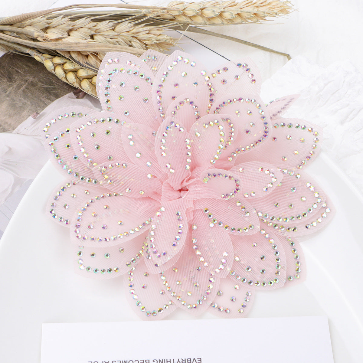Sparkly Rhinestone Camellia Fabric Flower Applique - Product Detail Photo 3