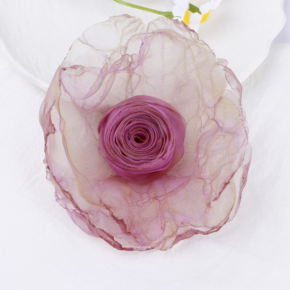 Raw Edge Organza Rose Fabric Flower Applique - White 9.5CM