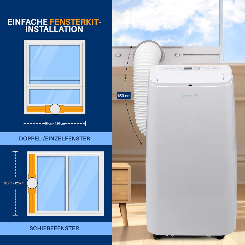 SereneLife Mini Klimaanlage mobil, 3-in-1 mobiles Klimagerät mit Abluftschlauch – Luftkühler, Luftentfeuchter & Ventilator, Air conditioner – 9.000 BTU, 1,5L Feuchtigkeit/Stunde, kühlt Räume bis 42 m2
