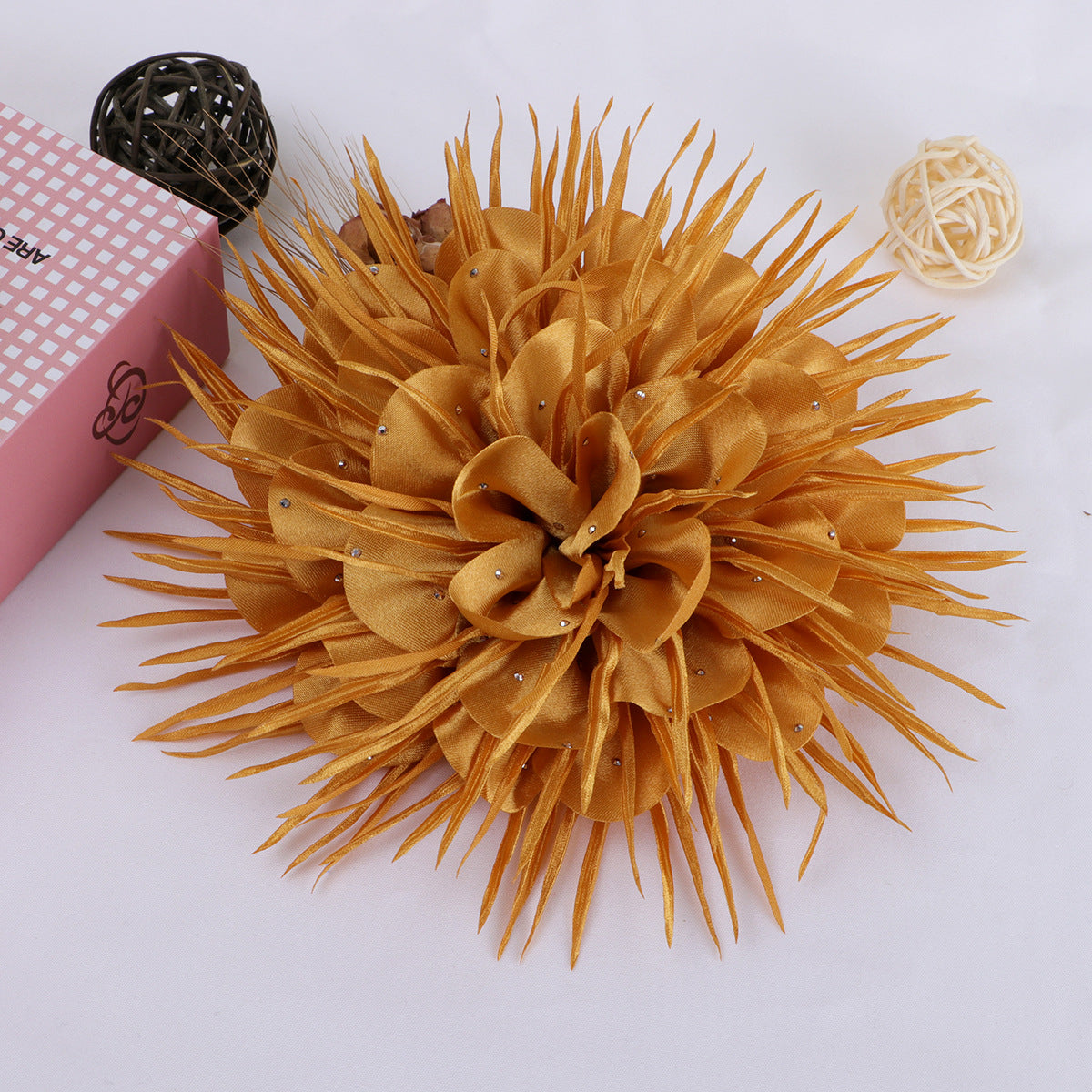 Spike Petal Pom Fabric Flower with Beads - Bright Orange 18CM