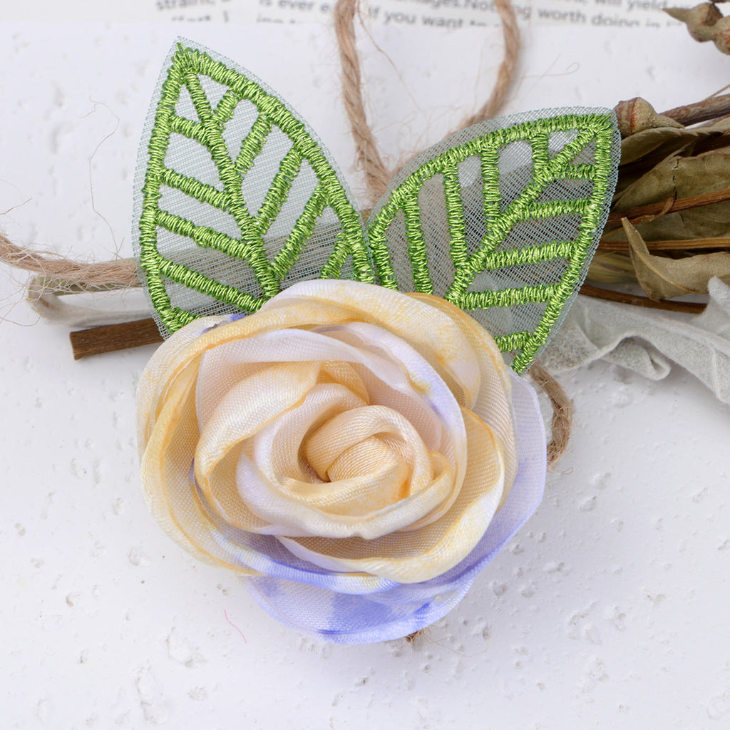 Tie Dye Rose Fabric Flower with Embroidered Leaf - Product Detail Photo 4