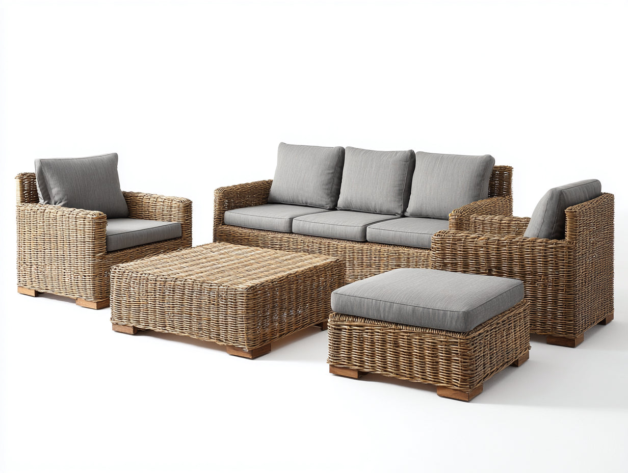 Sofás de exterior ratán sintético 220x85x75 cm - color natural-gris - conjunto moderno con mesa y reposapiés