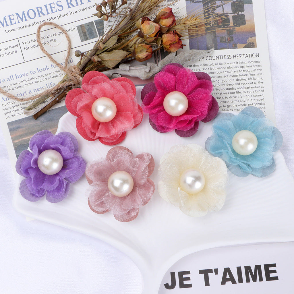 Pearl Center Mesh Fabric Flower Applique - Watermelon Red 5CM