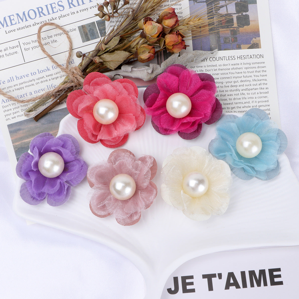 Pearl Center Mesh Fabric Flower Applique - Watermelon Red 5CM