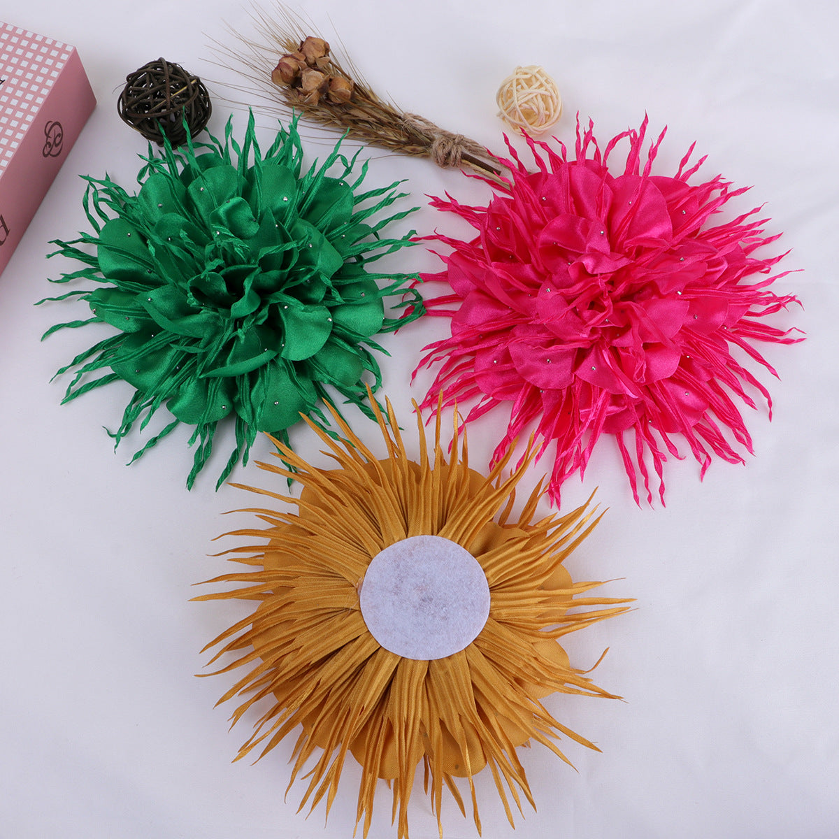 Spike Petal Pom Fabric Flower with Beads - Deep Blue 18CM