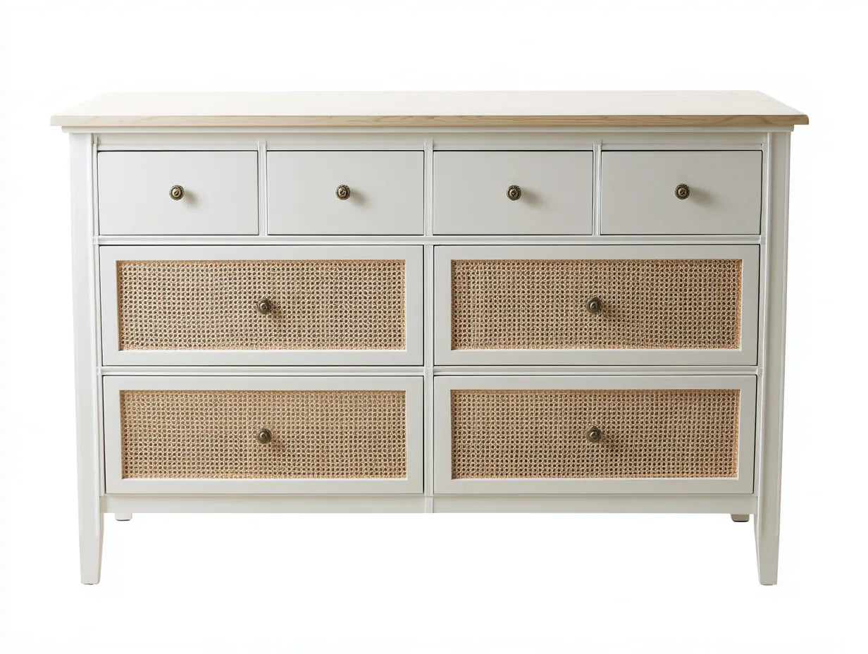 Cómodas 140x40x85 cm - madera y ratán en blanco y natural - para dormitorio - estilo nórdico elegante