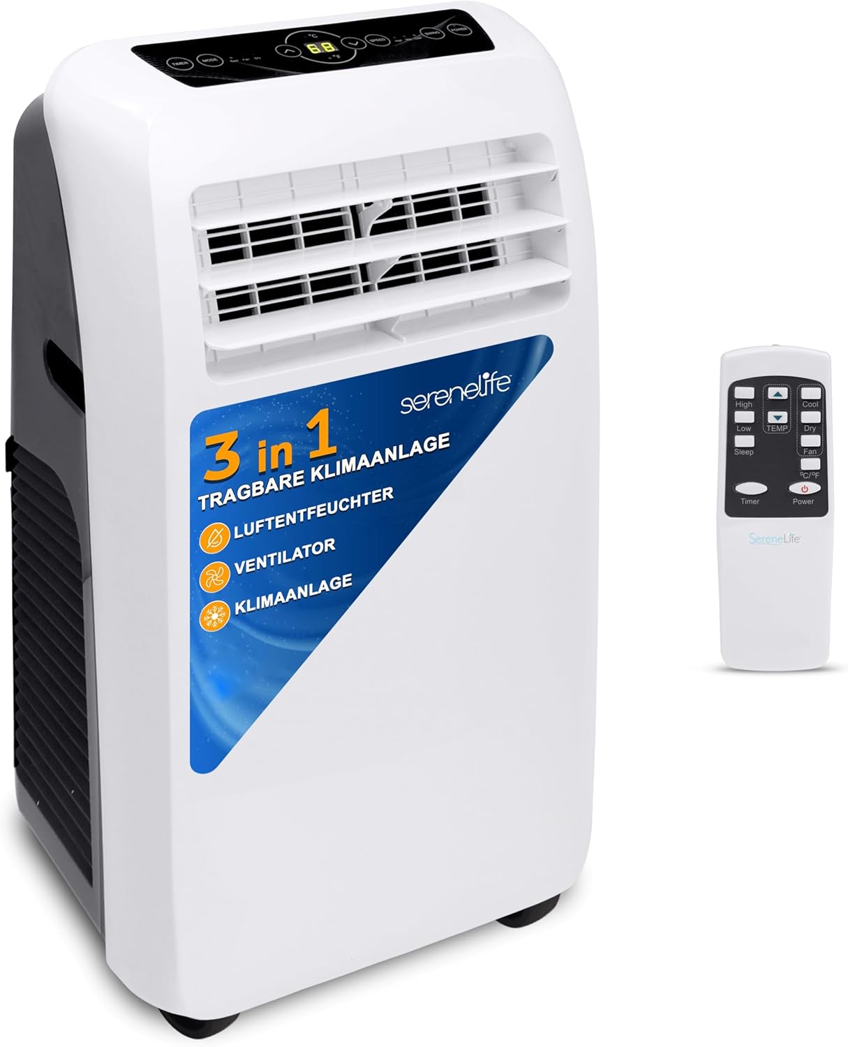 SereneLife Mini Klimaanlage mobil, 3-in-1 mobiles Klimagerät mit Abluftschlauch – Luftkühler, Luftentfeuchter & Ventilator, Air conditioner – 9.000 BTU, 1,5L Feuchtigkeit/Stunde, kühlt Räume bis 42 m2