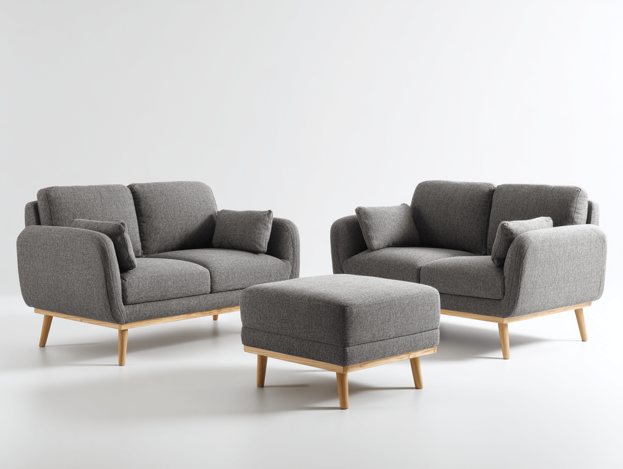 Conjunto de sofás en tela 3 piezas – gris – con patas de madera – estilo moderno con cojines incluidos