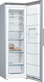 Bosch - Congelador Vertical NoFrost, Serie 4, alto 186 x ancho 60 cm, 242 L, Cajones BigBox para alimentos grandes, Sistema Multiairflow, Acero, GSN29VIEP
