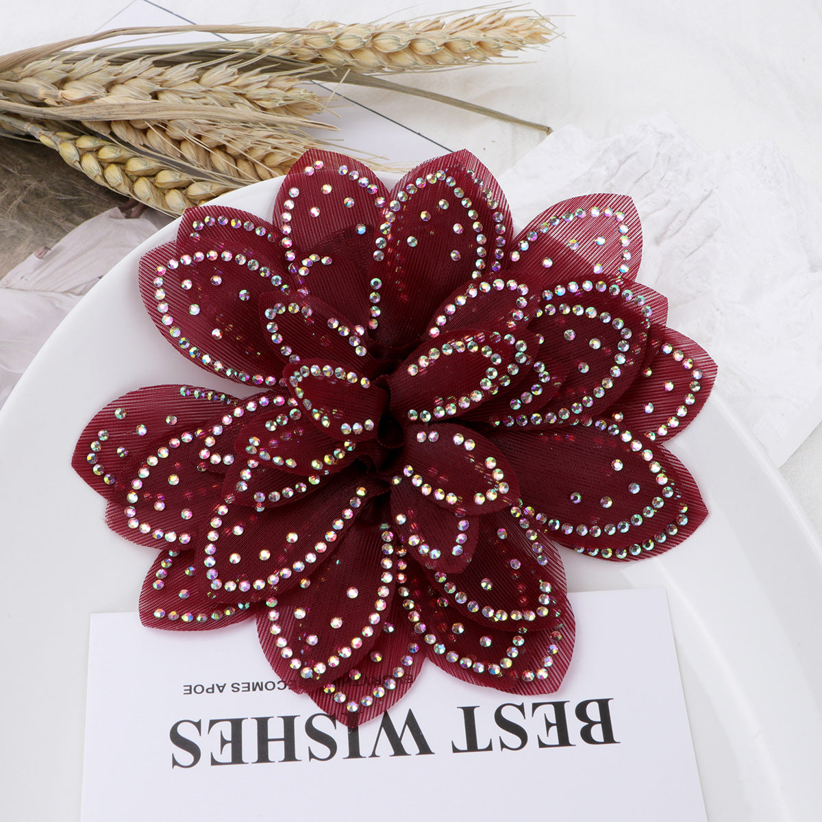 Sparkly Rhinestone Camellia Fabric Flower Applique - Pink 11CM