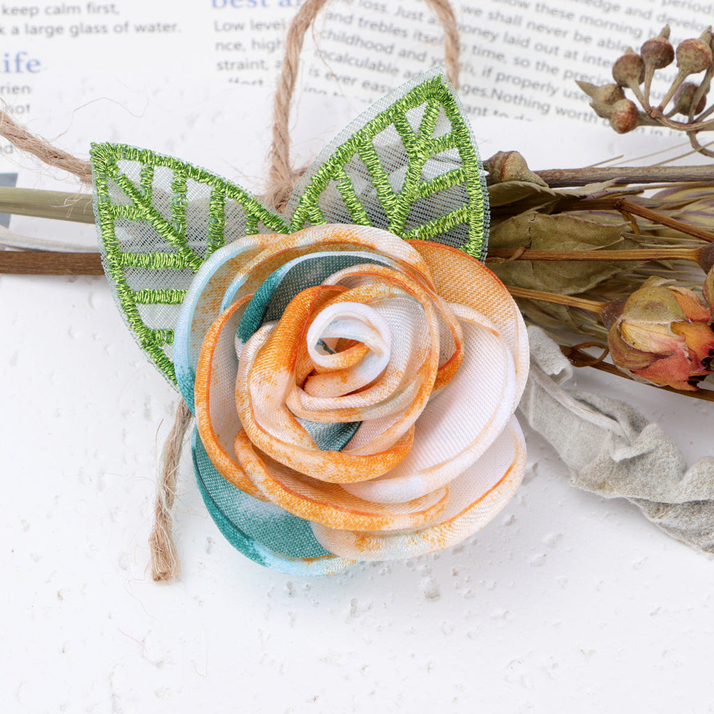 Tie Dye Rose Fabric Flower with Embroidered Leaf - Light yellow 7cm