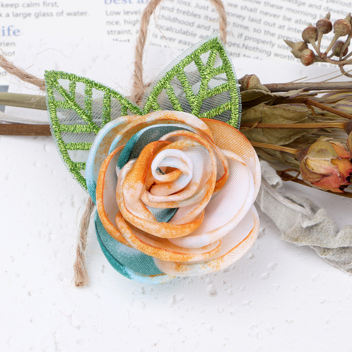 Tie Dye Rose Fabric Flower with Embroidered Leaf - Light yellow 7cm