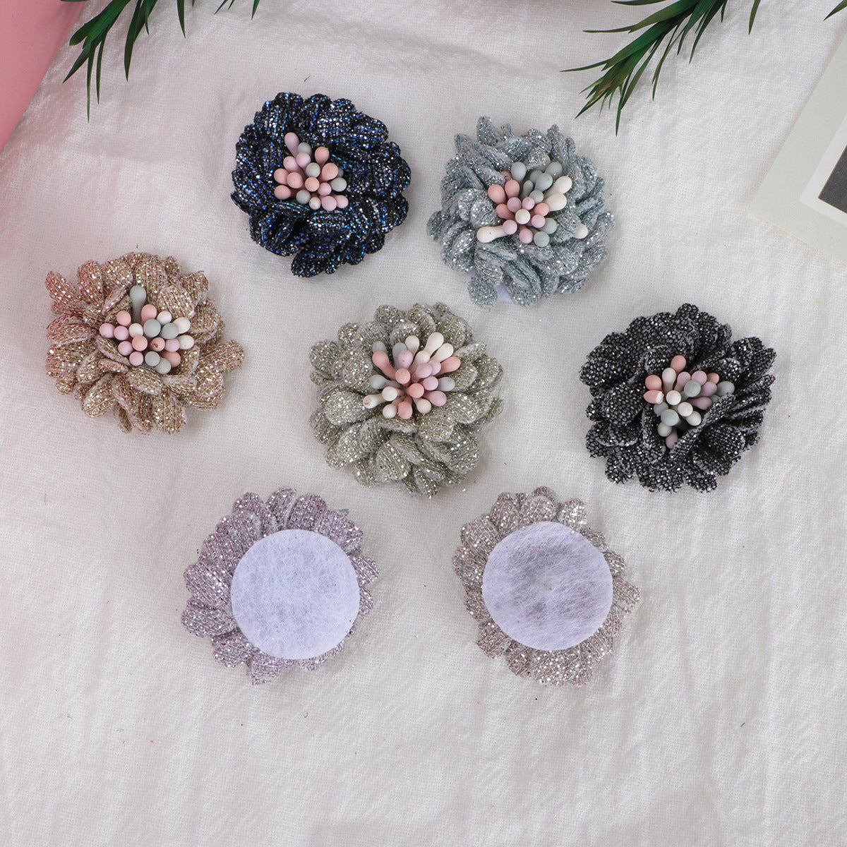Sparkle Dahlia Fabric Flower with Bead Center - Green 3cm