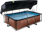 EXIT Toys Wood Pool con Toldo Solar - 220x150x65cm - Piscina de Marco Rectangular Compacta con Bomba de Filtro de Cartucho - Protección UV Óptima - Fácil Acceso - Diseño Único - Marrón