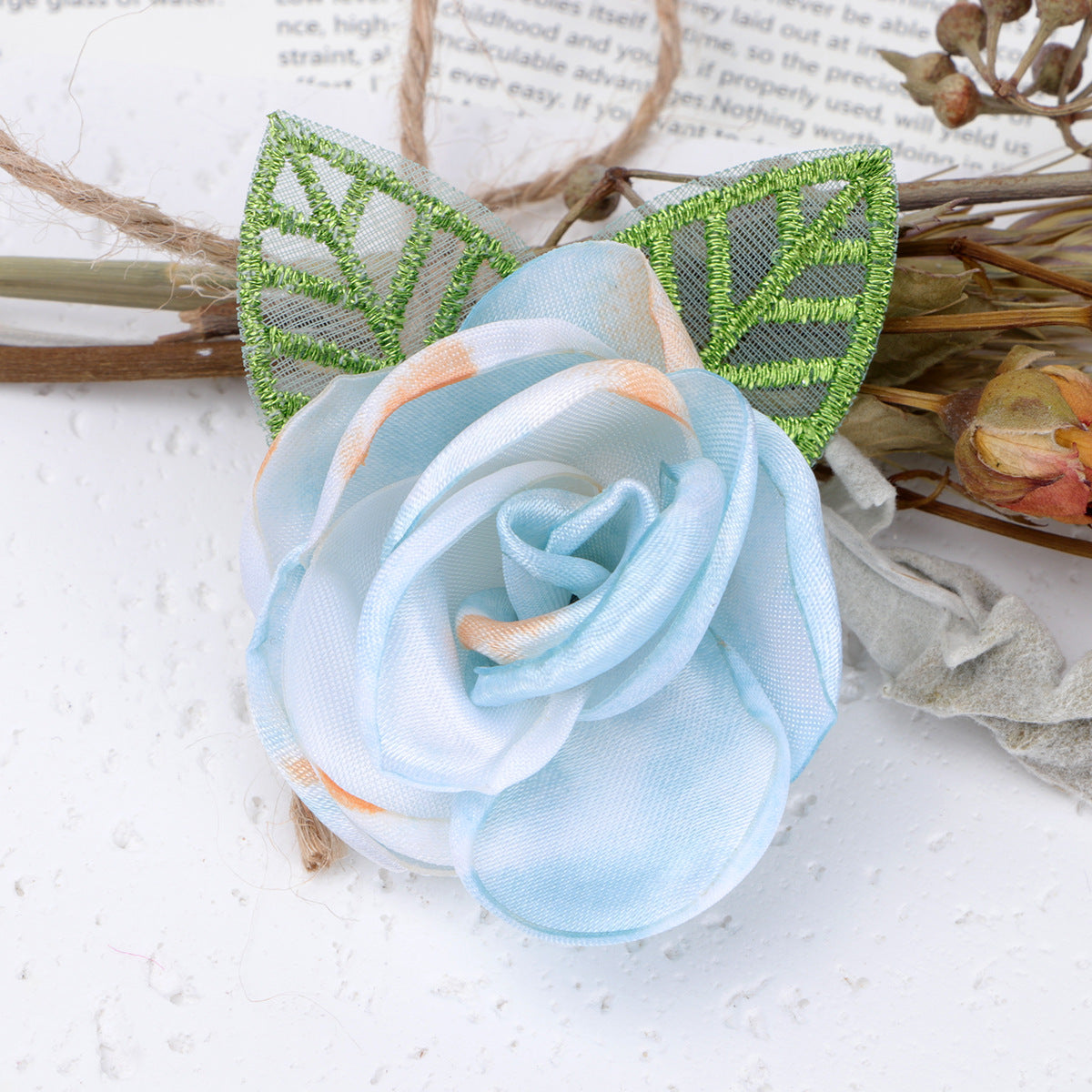 Tie Dye Rose Fabric Flower with Embroidered Leaf - Product Detail Photo 1