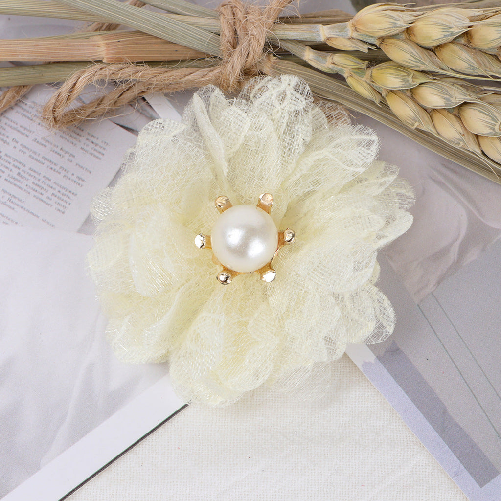 Lace Mesh Fabric Flower with Pearl Center - Red 5cm