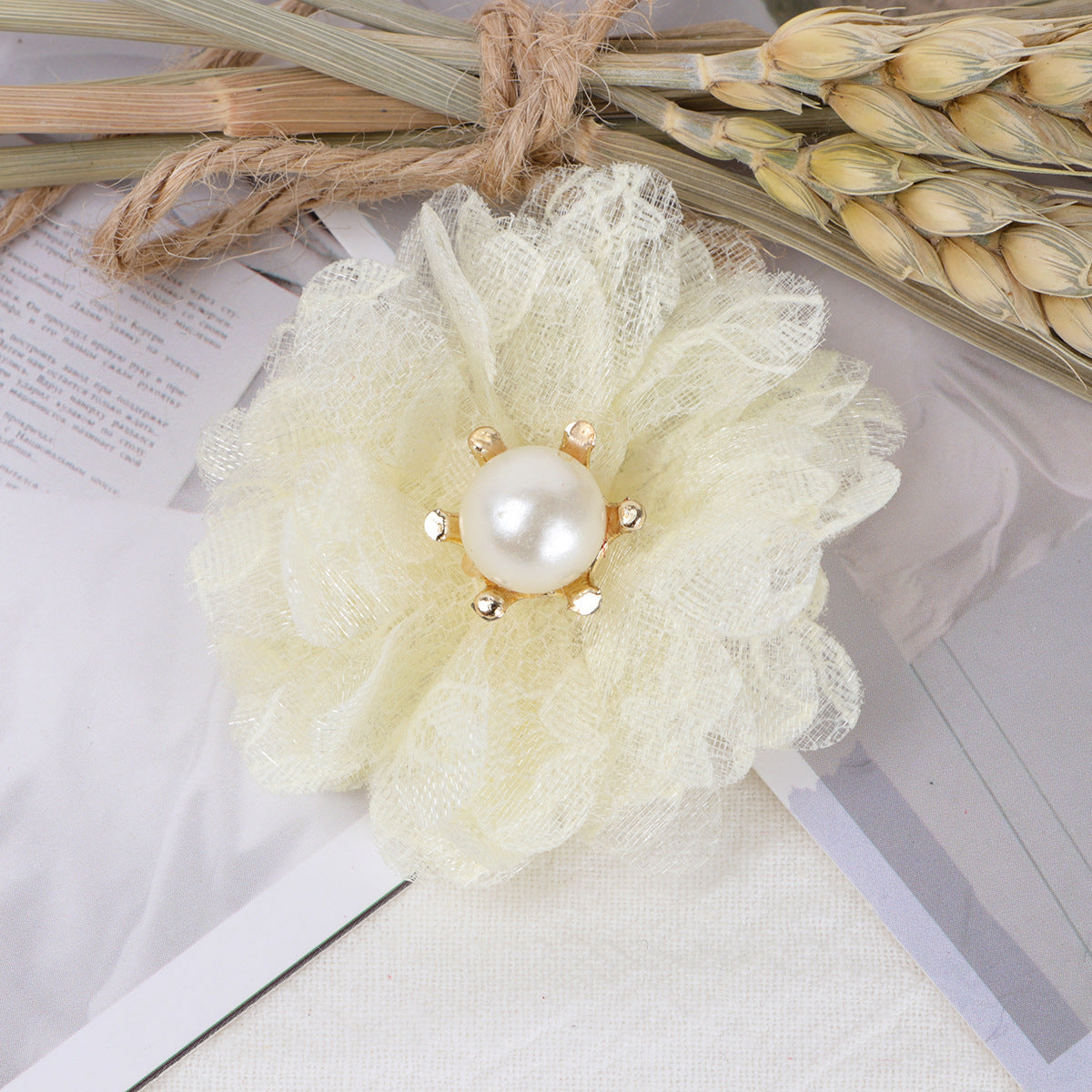 Lace Mesh Fabric Flower with Pearl Center - Red 5cm