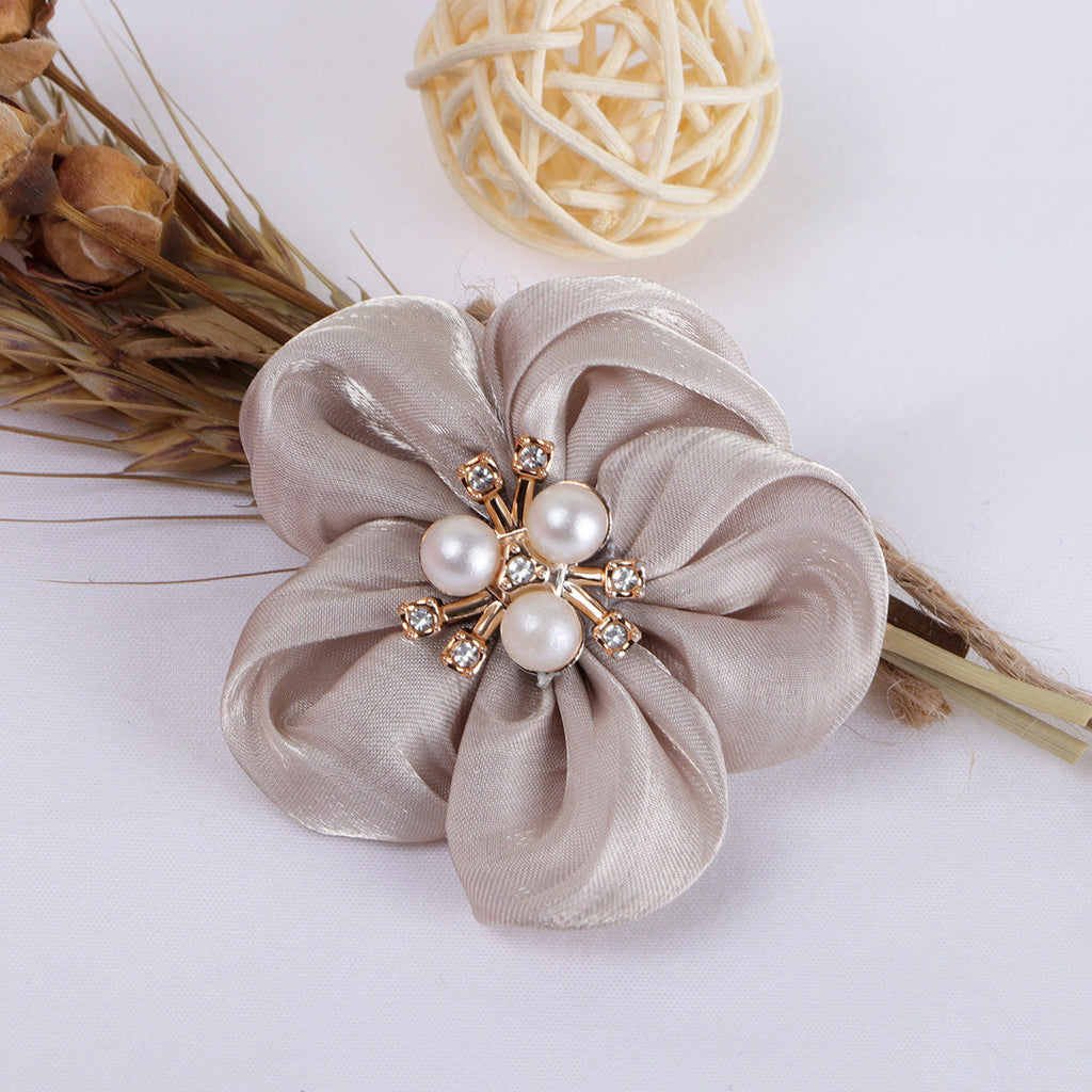 Pearl Center Satin Fabric Flower Applique - Beige 5.5CM