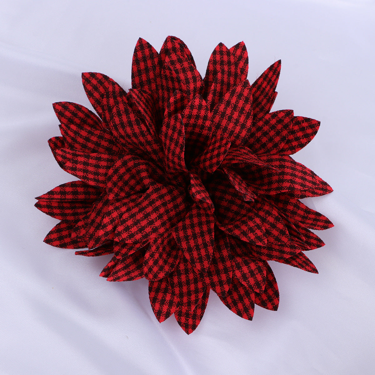 Gingham Print Dahlia Fabric Flower Applique - Product Detail Photo 3