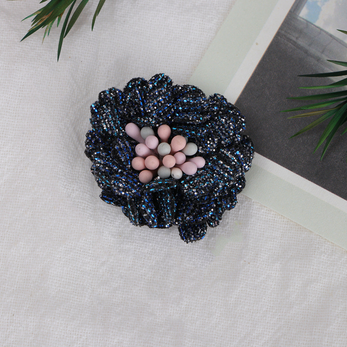 Sparkle Dahlia Fabric Flower with Bead Center - Product Detail Photo 2