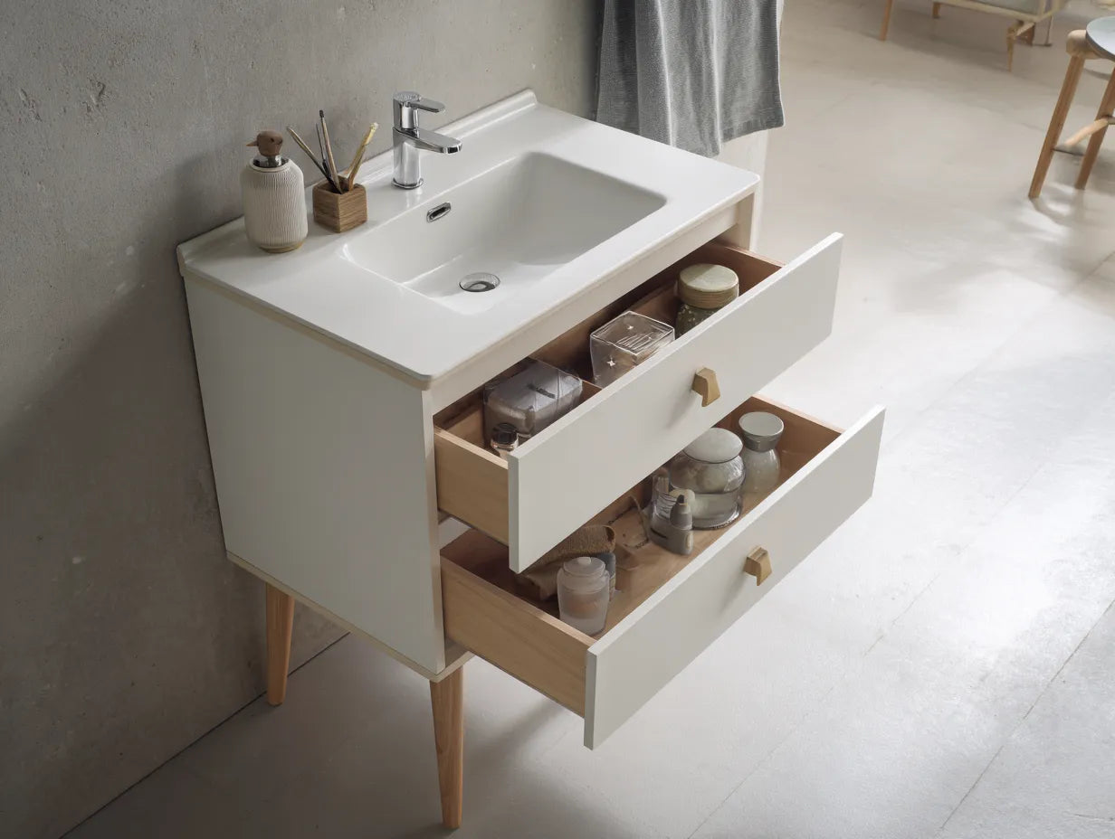 Mueble de Lavabo blanco y roble 82x48x85 cm - lavabo cerámico con dos cajones