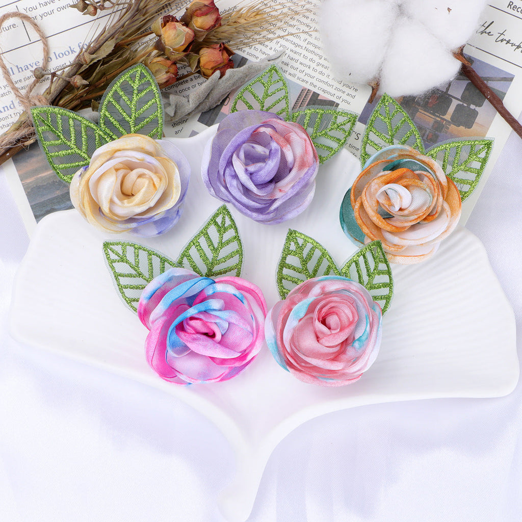 Tie Dye Rose Fabric Flower with Embroidered Leaf - Purple 7cm