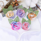Tie Dye Rose Fabric Flower with Embroidered Leaf - Purple 7cm