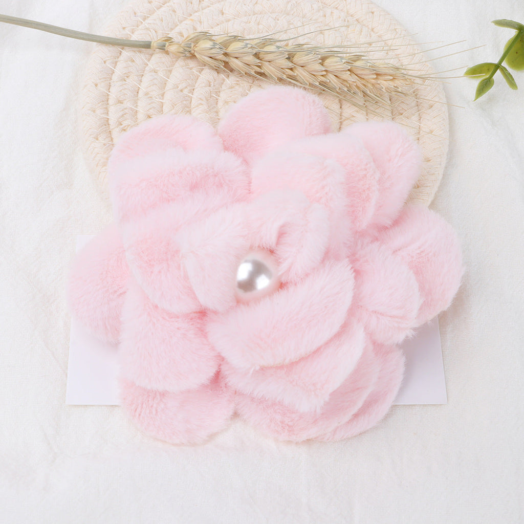 Plush Velvet Camellia Fabric Flower with Pearl - Gray 10CM