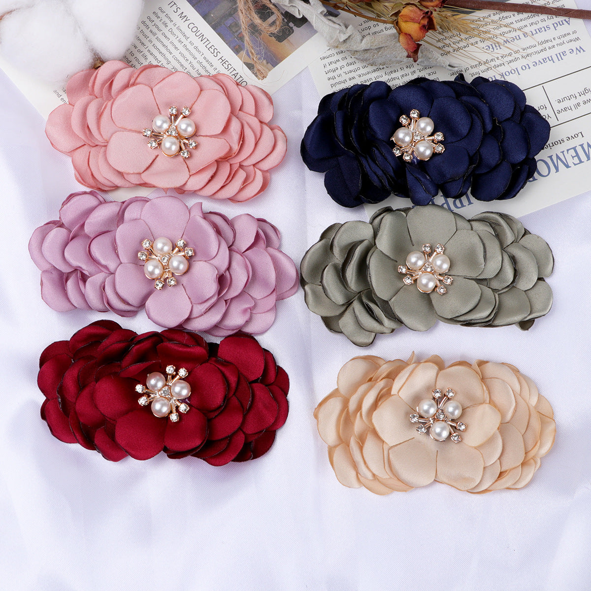Layered Fabric Flower with Pearl Brooch Center - Pink 8.5CM