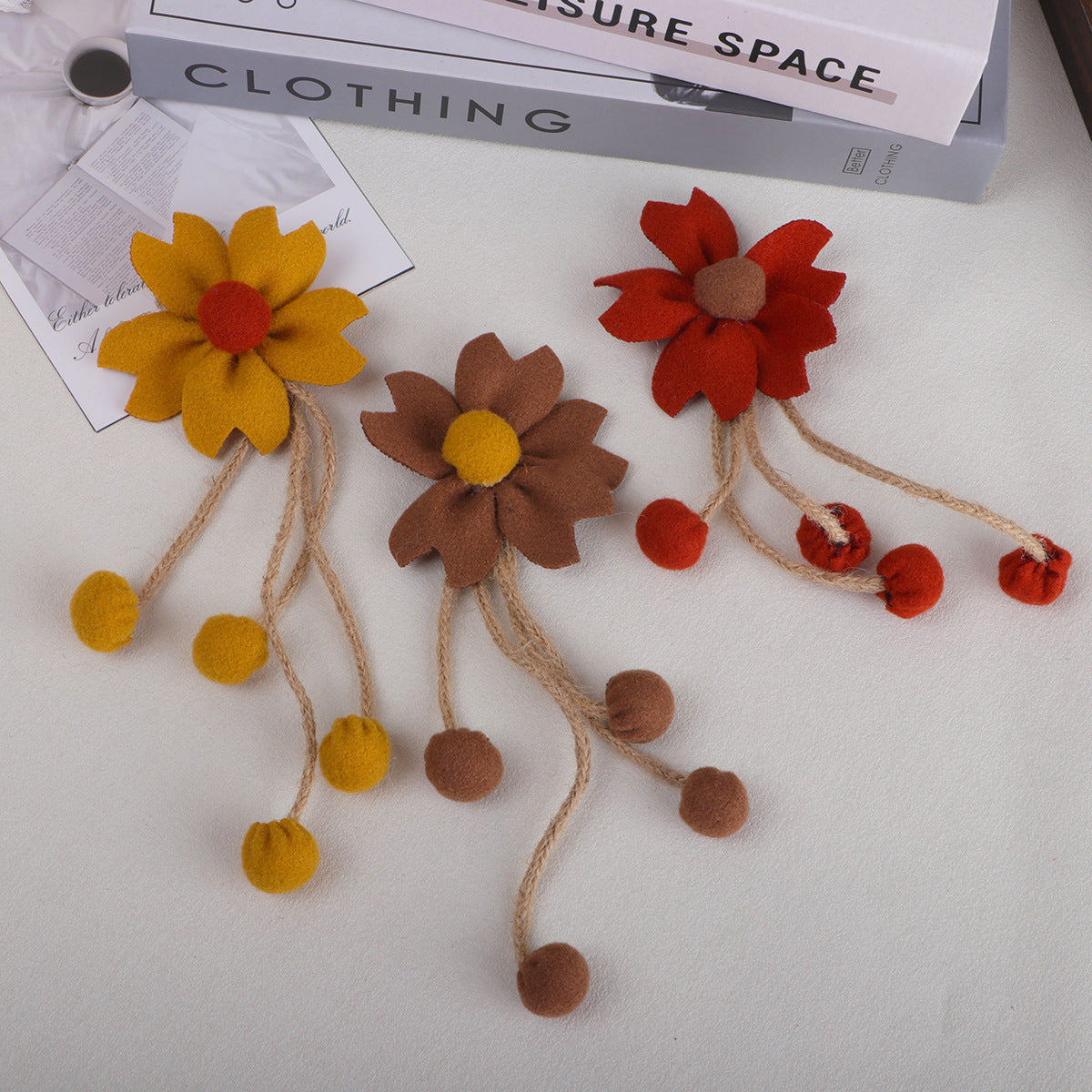 Tassel Daisy Fabric Flower with Pom Charms - Brown